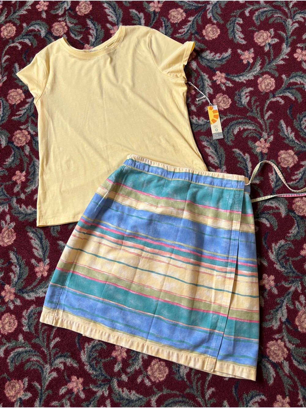 Coldwater Creek Pastel Watercolor Striped Wraparound Skirt - bonus C&C T-Shirt